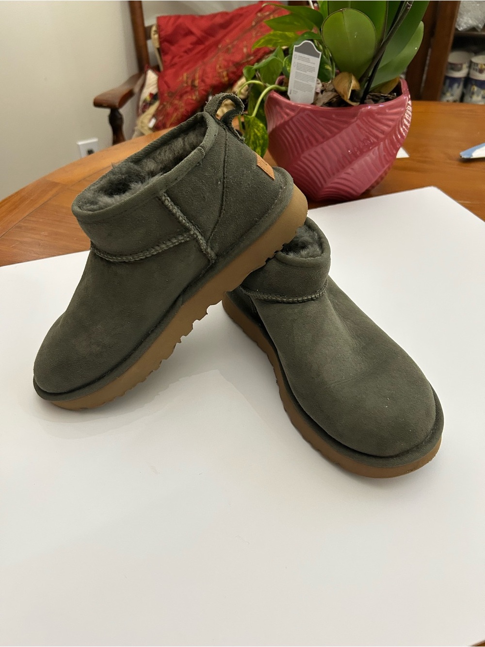 UGG Olive Suede Shearling-Lined Ankle Booties